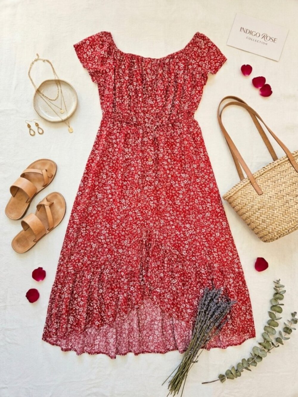 Indigo Rose Boho High-Low Peasant Red Floral Midi Dress Scoop Neck Cap Sleeve L